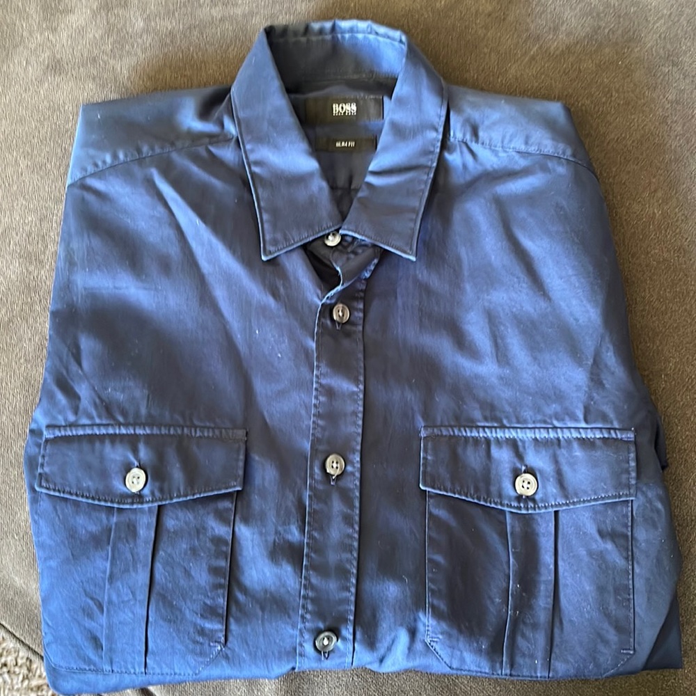 Hugo boss small navy blue long sleeve dress shirt